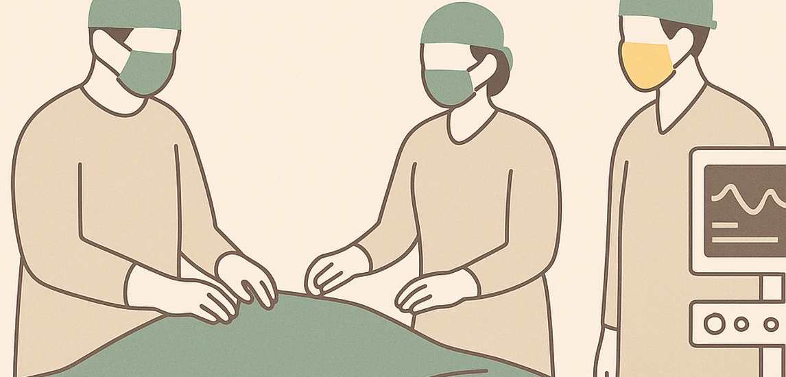 Minimalistische OP-Illustration mit drei medizinischen Personen am OP-Tisch, geordneten Instrumenten und Monitor; Fokus auf Zusammenarbeit und strukturierte Abläufe.