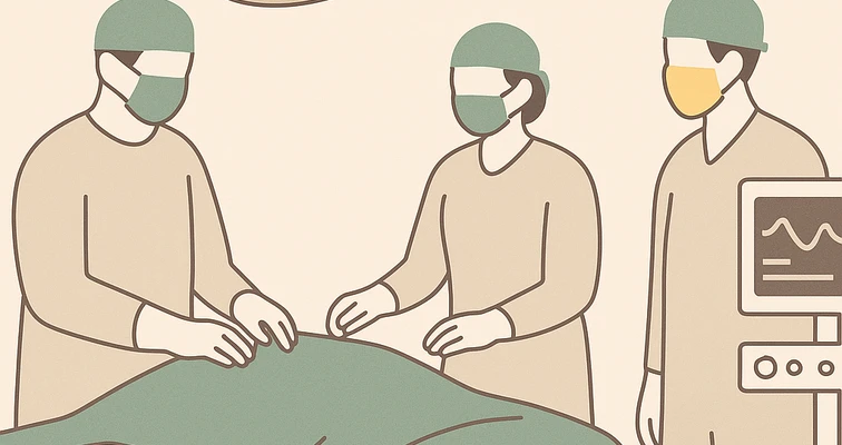 Minimalistische OP-Illustration mit drei medizinischen Personen am OP-Tisch, geordneten Instrumenten und Monitor; Fokus auf Zusammenarbeit und strukturierte Abläufe.