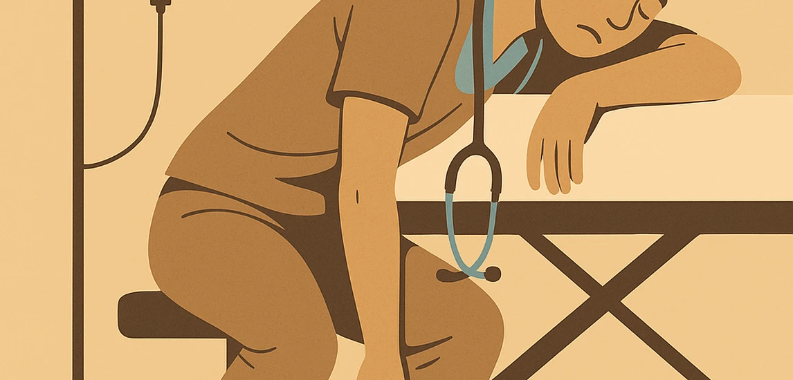 Illustration eines erschöpften Arztes, die Person sitzt in OP-Kleidung übermüdet auf einem Hocker und lehnt mit dem Kopf auf eine Untersuchungsliege; neben ihr steht ein Infusionsständer. Sepia-Grundton mit zwei dezenten Farbakzenten.