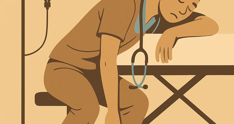 Illustration eines erschöpften Arztes, die Person sitzt in OP-Kleidung übermüdet auf einem Hocker und lehnt mit dem Kopf auf eine Untersuchungsliege; neben ihr steht ein Infusionsständer. Sepia-Grundton mit zwei dezenten Farbakzenten.