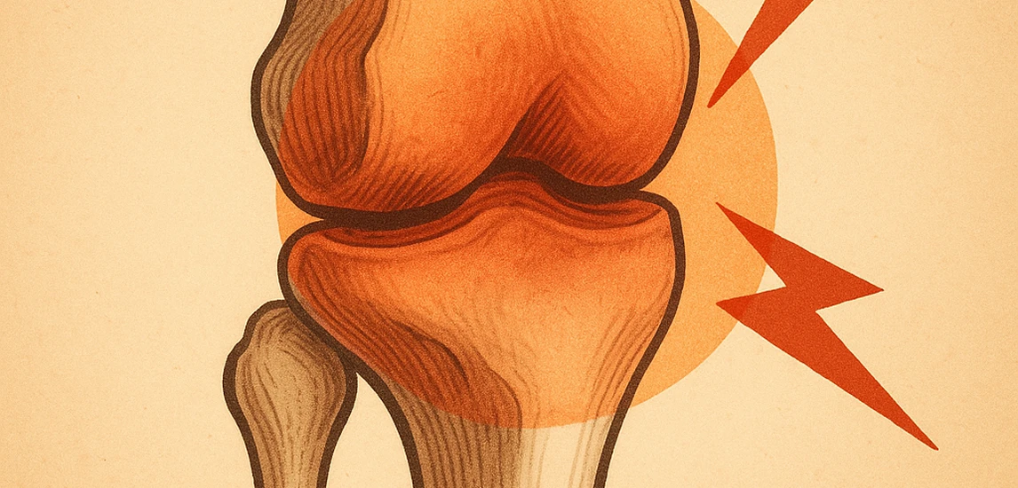 Medizinische Illustration eines Kniegelenks in Sepia-Stil mit roten Blitzen als Hinweis auf Schmerzen oder Verletzung am Gelenk.