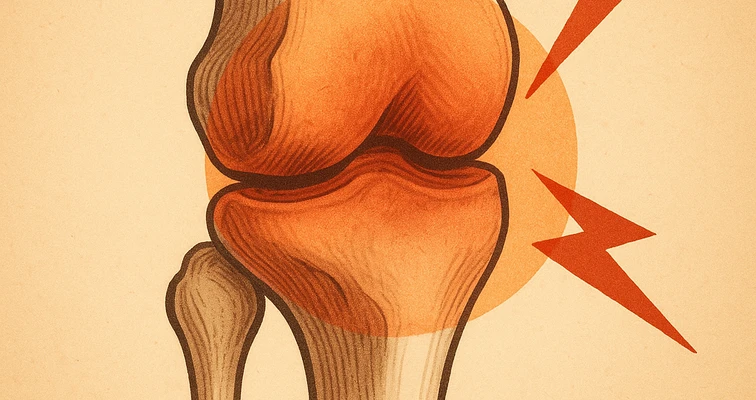 Medizinische Illustration eines Kniegelenks in Sepia-Stil mit roten Blitzen als Hinweis auf Schmerzen oder Verletzung am Gelenk.