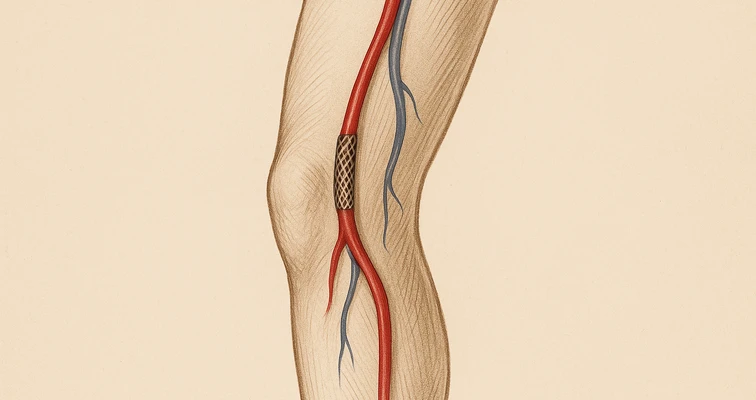 Sepiafarbene medizinische Illustration eines menschlichen Beins ab mittlerem Oberschenkel bis unterhalb des Knies. Die Oberschenkelarterie ist rot hervorgehoben, die Vene blau. Ein endovaskulärer Stent liegt in der Arteria femoralis. Kein Intimbereich abgebildet.