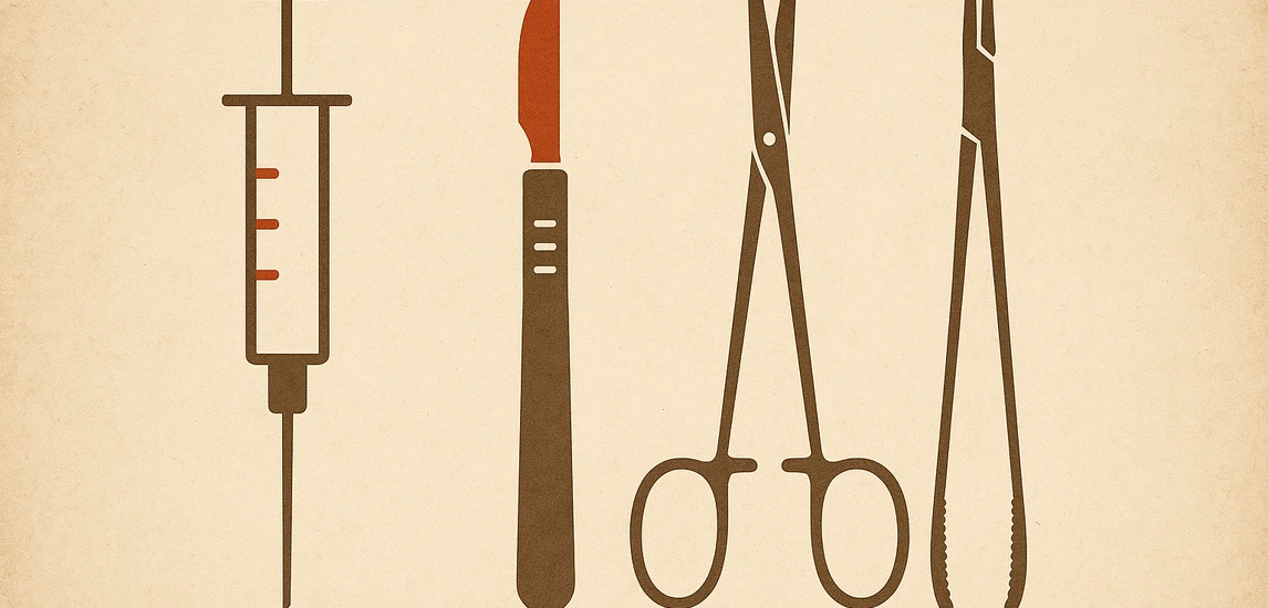 Minimalistische medizinische Illustration in Sepia mit vier chirurgischen Instrumenten: Spritze, Skalpell, chirurgische Schere und Klemme. Klare Linien, zwei Farbakzente, sachliche Darstellung ohne Hintergrunddetails.