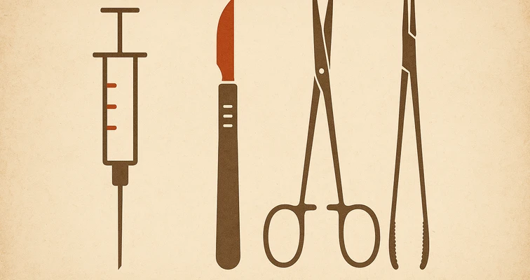 Minimalistische medizinische Illustration in Sepia mit vier chirurgischen Instrumenten: Spritze, Skalpell, chirurgische Schere und Klemme. Klare Linien, zwei Farbakzente, sachliche Darstellung ohne Hintergrunddetails.