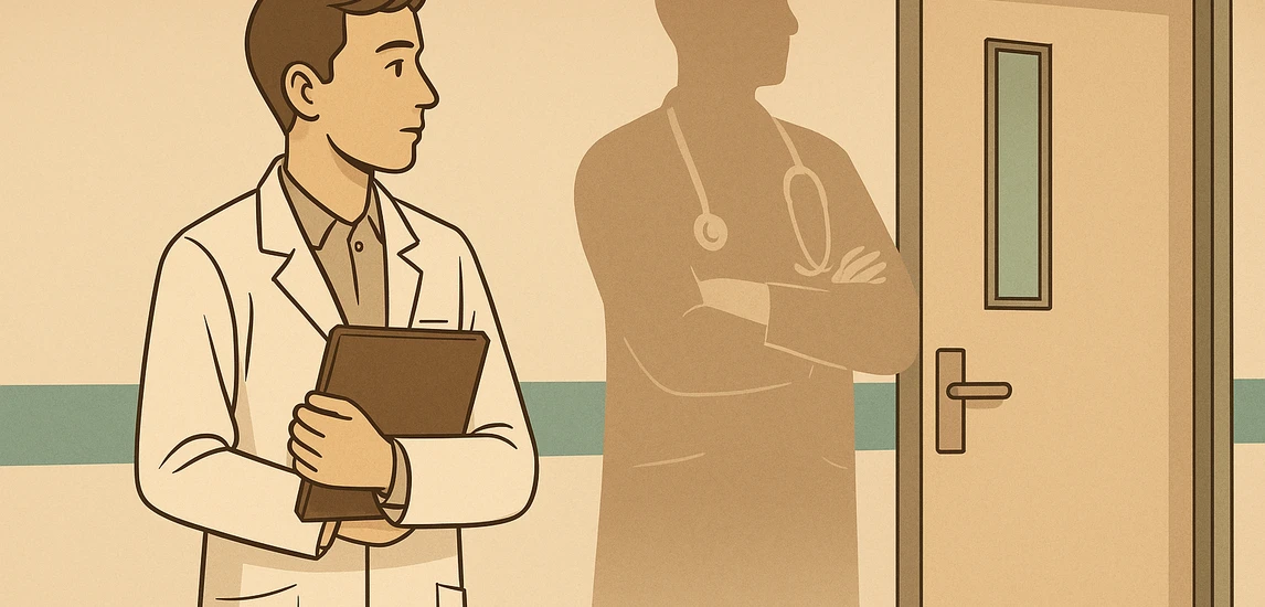 Junger Arzt steht mit Unterlagen im Krankenhausflur. Hinter ihm erscheint die Silhouette eines erfahrenen Arztes mit Stethoskop, die Selbstvertrauen und berufliche Entwicklung symbolisiert.