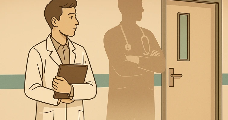 Junger Arzt steht mit Unterlagen im Krankenhausflur. Hinter ihm erscheint die Silhouette eines erfahrenen Arztes mit Stethoskop, die Selbstvertrauen und berufliche Entwicklung symbolisiert.