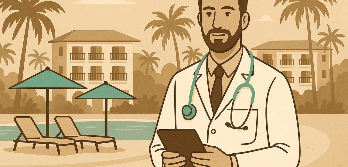 Ein Arzt in weißem Kittel steht mit Tablet und Stethoskop vor einer tropischen Hotelanlage mit Pool, Liegen und Palmen. Die Szene zeigt ärztliche Tätigkeit im Urlaubsumfeld.