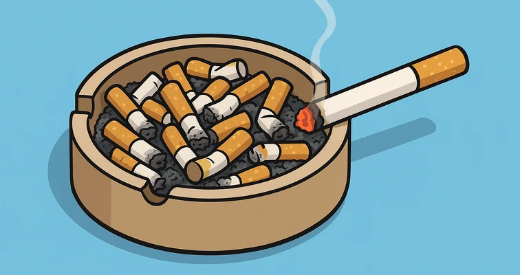 Ein überfüllter Aschenbecher mit zahlreichen Zigarettenstummeln. Rechts liegt eine brennende Zigarette mit glühender Spitze, aus der Rauch aufsteigt. Themensetting: Rauchen, Gesundheitsrisiken, Krankenkassenbeiträge, Prävention.