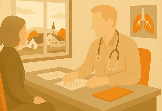 Illustration einer ärztlichen Sprechstunde in einer Landarztpraxis mit Blick auf ein Dorf durch das Fenster. Ärztin oder Arzt und Patientin sitzen am Tisch, hell und neutral dargestellt, Sepia-Grundton mit zwei Farbakzenten.