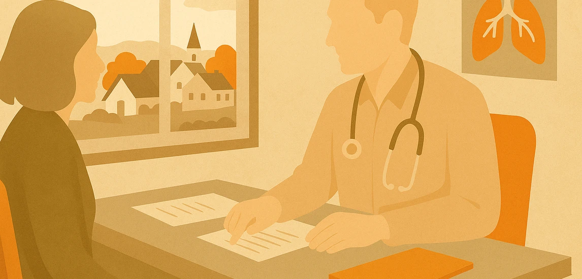 Illustration einer ärztlichen Sprechstunde in einer Landarztpraxis mit Blick auf ein Dorf durch das Fenster. Ärztin oder Arzt und Patientin sitzen am Tisch, hell und neutral dargestellt, Sepia-Grundton mit zwei Farbakzenten.